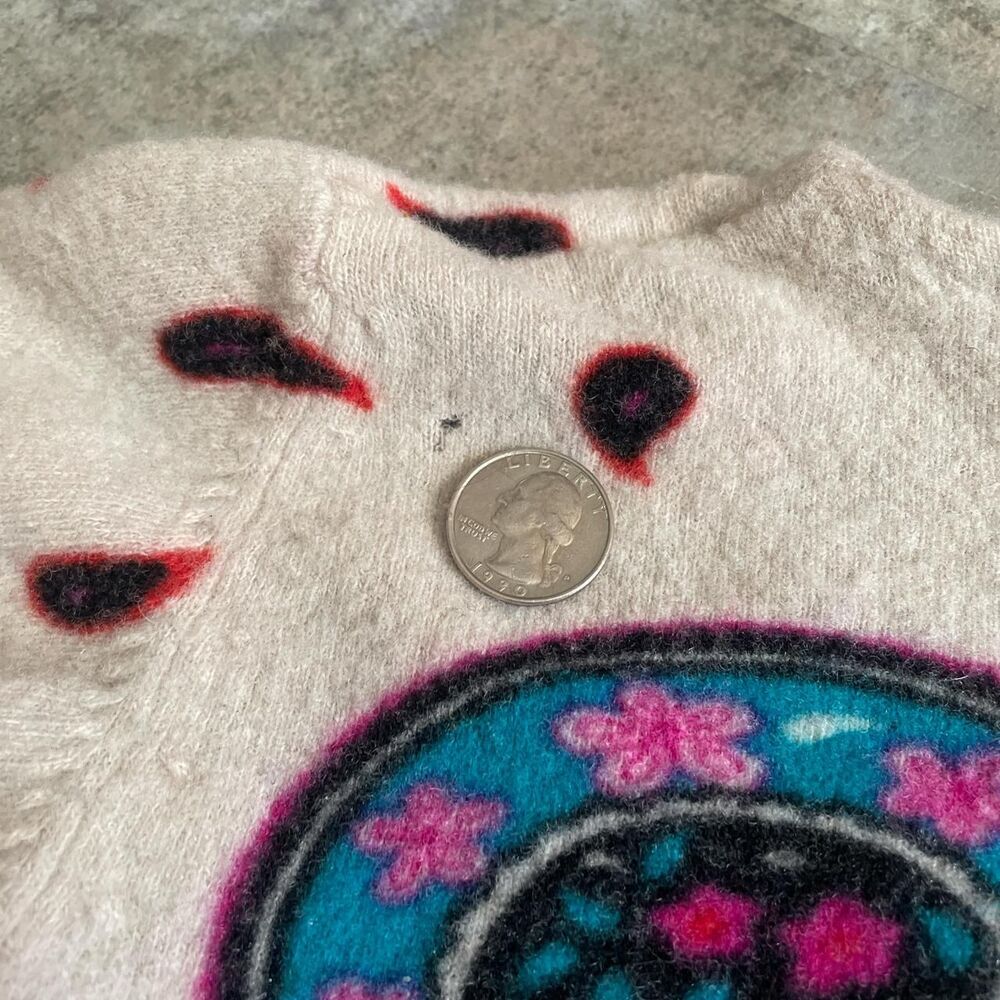 bonnie boerer vintage blue paisley 100% wool cream colored sweater size xs - Picture 7 of 8